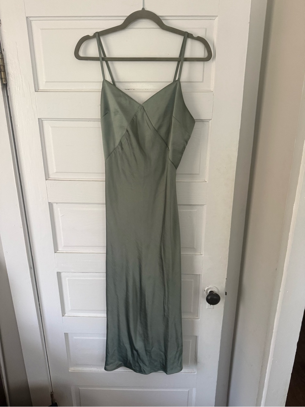 Kookai Sage Green Satin Maxi Slip Dress with V-Neck and Double Straps